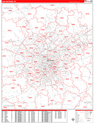 San Antonio Wall Map Zip Code Red Line Style 2026
